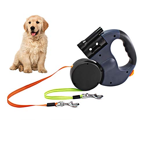 Gobesty Doppelte Einziehbare Hundeleine, 3M Flexible Einziehbare Hundeleine Doppelleine fur Zwei Hunde mit LED Licht und Müllbox für Zwei Hunde (Weniger als 11,4 kg (25 lbs) pro Hund) von Gobesty