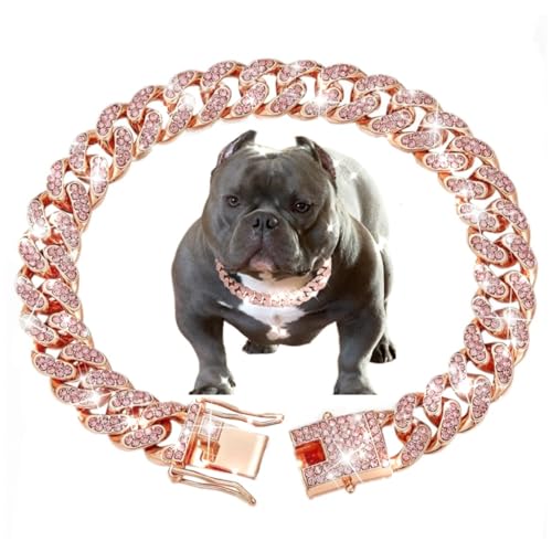 Cuban Link Hundehalsband, Roségold, Kristall, Metallkette, Halsband mit Design, sichere Schnalle, Haustierhalsband, Schmuckzubehör für kleine, mittelgroße und große Hunde, Katzen (Roségold, 50,8 cm) von Goetltsch