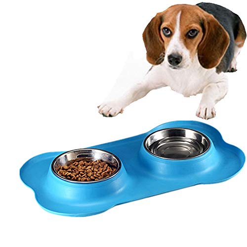 Gofeibao Futternapf Katze Hundenapf Kleine Hunde Fressnapf Mit Silikon Unterlage Knochenform Wassernapf Einfach Zu SäUbern Edelstahl Doppel Napf Crimpdesign Blue von Gofeibao