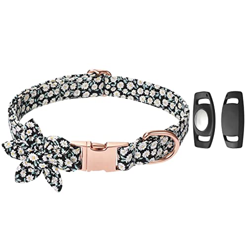 Hundehalsband für Damen, Blume mit Schnalle, verstellbar, weich, formelle Fliege, mit Airtag-Halterung, abnehmbar, für kleine, mittelgroße und große Hunde (Größe M, schwarze Blume) von Gokotta