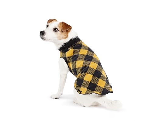 Gold Paw Duluth Doppel-Fleece-Hundemantel Pullover - weiche, warme Hundekleidung, 4-Wege-Stretch-Haustierpullover - maschinenwaschbar, Ganzjahres, Gold-Büffelkaro-/Schwarz, 24 von Gold Paw