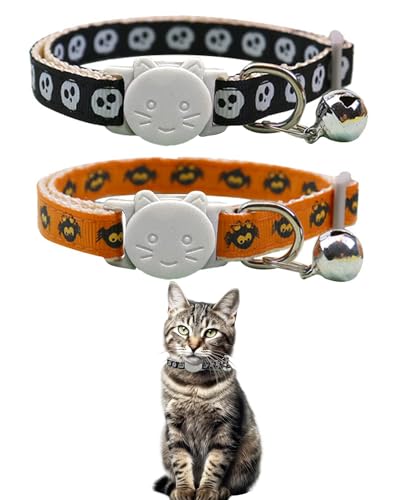 GoldTiger Halloween-Katzenhalsbänder mit Glöckchen, verstellbare Katzenhalsbänder mit Sicherheitsschnalle, Urlaubskatzenhalsband für Mädchen und Jungen, verstellbar von 20 - 30 cm (Skelett und von GoldTiger