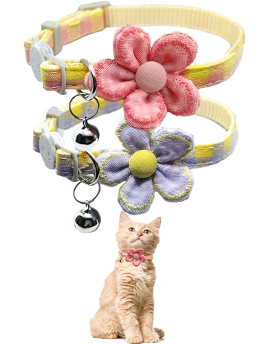 Kariertes Kätzchen-Halsband mit Blume, Katzenhalsband mit Glöckchen, Katzenhalsband für Mädchen und Katzen, verstellbar 17,8 bis 32 cm, für kleine und mittelgroße Haustiere von GoldTiger