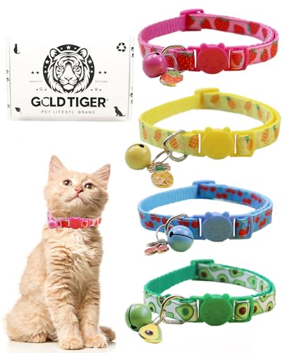 Katzenhalsband, 4er-Pack, Breakaway-Katzenhalsband mit Glöckchen für Mädchen, Katzen und Jungen, verstellbar, 22,1 cm - 29 cm, Kätzchenhalsband (fruchtiges Halsband) von GoldTiger