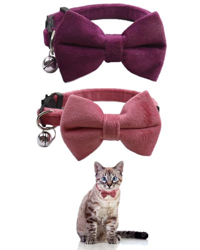 Katzenhalsband aus Plüsch mit Fliege und Glöckchen, stilvolles Design, passend für Jungenkatzen und Mädchen, verstellbar, 19,1–32 cm, Rosa und Lila, 2 Stück von GoldTiger