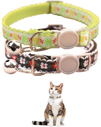 Katzenhalsband mit niedlicher Blumenstickerei, mit Glöckchen, Katzenhalsband für Jungen, Katzen und Mädchen, Katzen – verstellbar (17–31 cm) (Schwarz und Grün) von GoldTiger