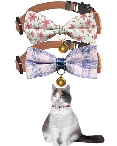 Katzenhalsband mit niedlicher Blumenstickerei, mit Glöckchen, Katzenhalsband für Jungen, Katzen und Mädchen, Katzen – verstellbar (17–31 cm) (Weiß und Lila) von GoldTiger