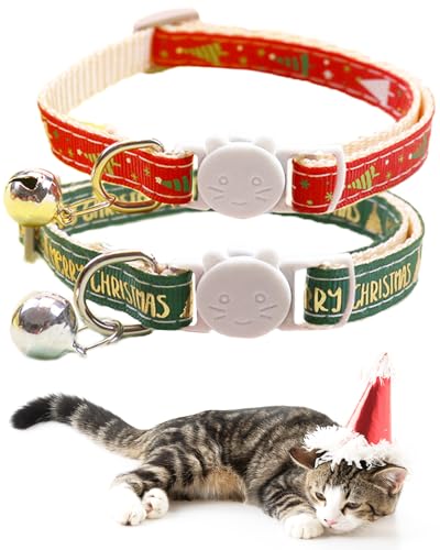 Weihnachts-Katzenhalsband mit Glöckchen, 2er-Pack, festliches Rot und Grün, Urlaubs-Haustierzubehör, verstellbar von 19,1 bis 32,6 cm von GoldTiger