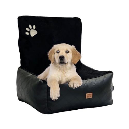 Golden Dog -Transportbox Hund mit Sicherheitsgurt L 83 x 66 cm Leder Imitation Autositz Hund, Wasserdicht Hundesitz Auto - Beifahrersitz Hundebox Faltbar - Anschnallgurt Hundekorb Auto von Golden Dog