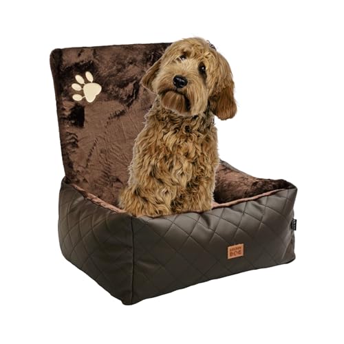 Golden Dog -Transportbox Hund mit Sicherheitsgurt L 83 x 66 cm Leder Imitation Autositz Hund, Wasserdicht Hundesitz Auto - Beifahrersitz Hundebox Faltbar - Anschnallgurt Hundekorb Auto von Golden Dog