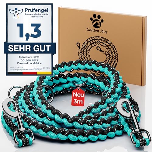 Testnote: Sehr gut - Hundeleine reflektierend I 3m, verstellbar, wetterfest & reißfest bis 250 kg I Paracord Führleine, Umhängeleine I kleine - große Hunde von Golden Pets