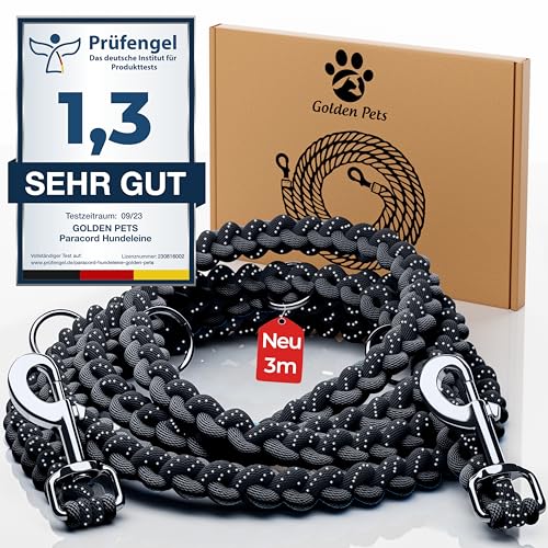 Testnote: Sehr gut - Hundeleine reflektierend I 3m, verstellbar, wetterfest & reißfest bis 250 kg I Paracord Führleine, Umhängeleine I kleine - große Hunde von Golden Pets