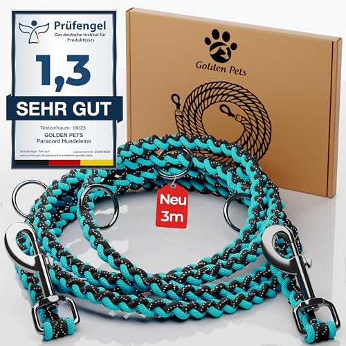 Testnote: Sehr gut - Hundeleine reflektierend I 3m, verstellbar, wetterfest & reißfest bis 250 kg I Paracord Führleine, Umhängeleine I kleine - große Hunde von Golden Pets