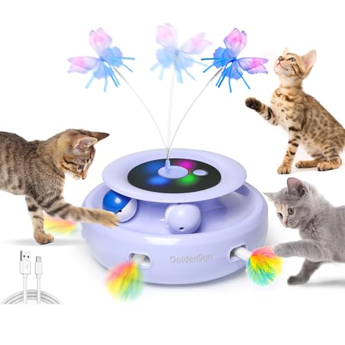 GoldenSun 3 in 1 Interaktives Katzenspielzeug, Elektrisch Automatischer Spielzeug für Katzen, Whack-A-Mole, Fluttering Butterfly, inklusive Ball, USB Wiederaufladbar Katzen Teaser mit 6 Aufsätzen von GoldenSun