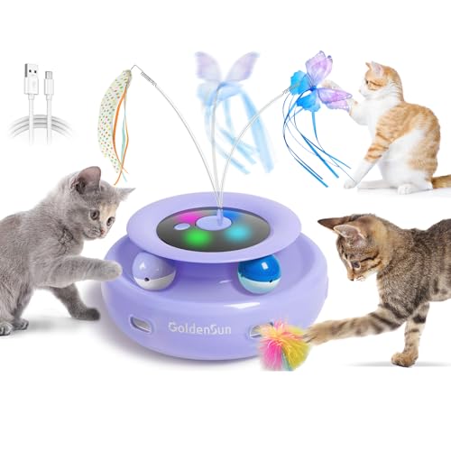 GoldenSun 3 in 1 Interaktives Katzenspielzeug, Elektrisch Automatischer Spielzeug für Katzen, Whack-A-Mole, Fluttering Butterfly, inklusive Ball, USB Wiederaufladbar Katzen Teaser mit 6 Aufsätzen von GoldenSun