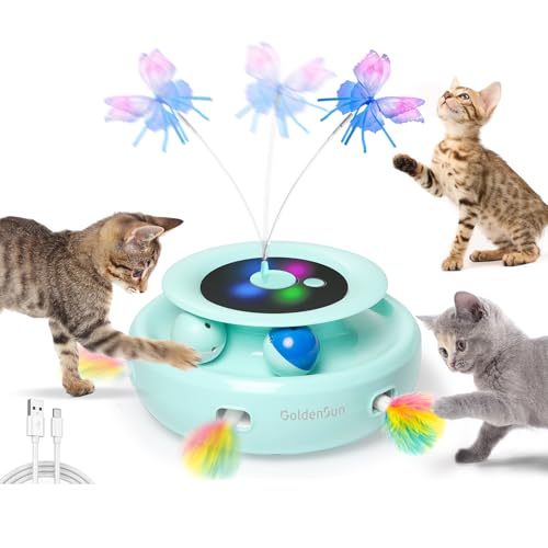 GoldenSun 3 in 1 Katzenspielzeug, Interaktives Elektrisch Automatischer Spielzeug für Katzen, Whack-A-Mole, Fluttering Butterfly, inklusive Ball, USB Wiederaufladbar Katzen Teaser mit 6 Aufsätzen von GoldenSun