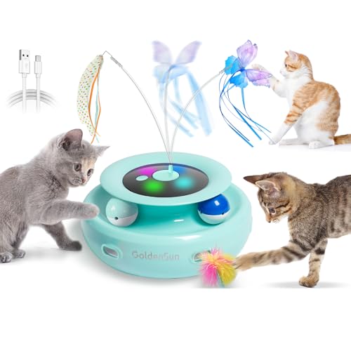 GoldenSun 3 in 1 Katzenspielzeug, Interaktives Elektrisch Automatischer Spielzeug für Katzen, Whack-A-Mole, Fluttering Butterfly, inklusive Ball, USB Wiederaufladbar Katzen Teaser mit 6 Aufsätzen von GoldenSun