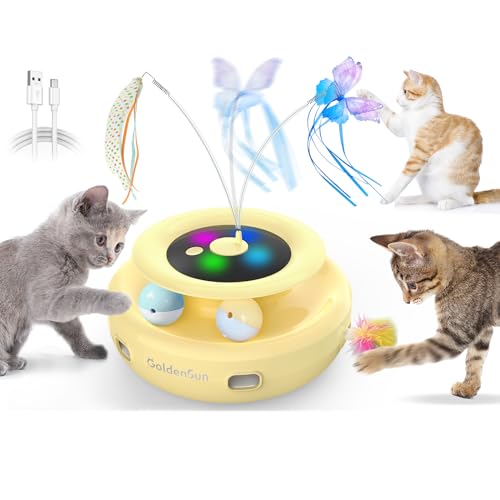 GoldenSun Interaktives Katzenspielzeug, 3 in 1 Elektrisch Automatischer Spielzeug für Katzen, Whack-A-Mole, Fluttering Butterfly, inklusive Ball, USB Wiederaufladbar Katzen Teaser mit 6 Aufsätzen von GoldenSun