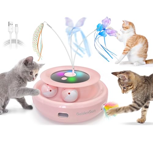 GoldenSun Katzenspielzeug, 3 in 1 Elektrisch Automatischer Spielzeug für Katzen, Interaktives Whack-A-Mole, Fluttering Butterfly, inklusive Ball, USB Wiederaufladbar Katzen Teaser mit 6 Aufsätzen von GoldenSun
