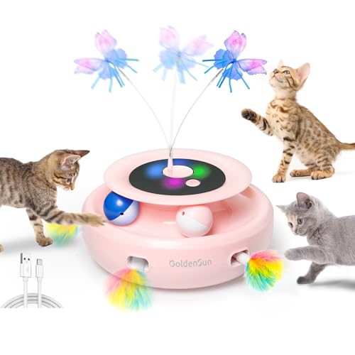 GoldenSun Katzenspielzeug, 3 in 1 Elektrisch Automatischer Spielzeug für Katzen, Interaktives Whack-A-Mole, Fluttering Butterfly, inklusive Ball, USB Wiederaufladbar Katzen Teaser mit 6 Aufsätzen von GoldenSun