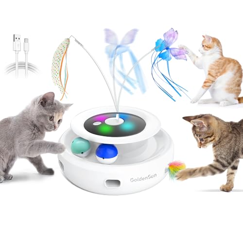 GoldenSun Katzenspielzeug, 3 in 1 Elektrisch Interaktives Automatischer Spielzeug für Katzen, Whack-A-Mole, Fluttering Butterfly, inklusive Ball, USB Wiederaufladbar Katzen Teaser mit 6 Aufsätzen von GoldenSun