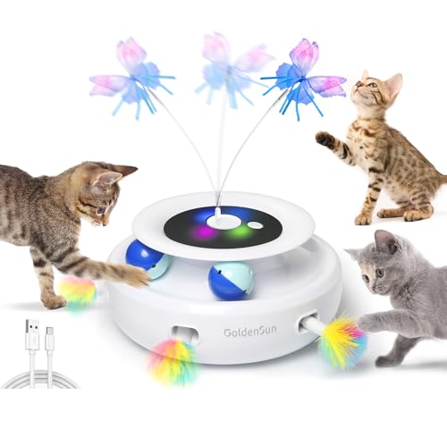 GoldenSun Katzenspielzeug, 3 in 1 Elektrisch Interaktives Automatischer Spielzeug für Katzen, Whack-A-Mole, Fluttering Butterfly, inklusive Ball, USB Wiederaufladbar Katzen Teaser mit 6 Aufsätzen von GoldenSun