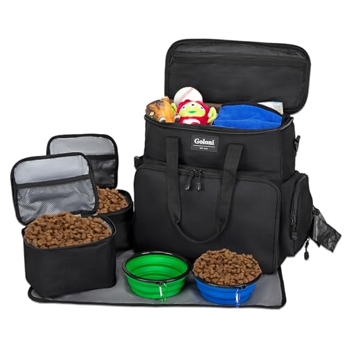 Goloni Hunde-Reisetasche, Wochenend-Reise-Set für Hund und Katze, von Fluggesellschaften zugelassener Tragetasche mit Multifunktionstaschen, 2 Lebensmittelbehälter, 2 faltbare Näpfe, 1 Futtermatte, von Goloni