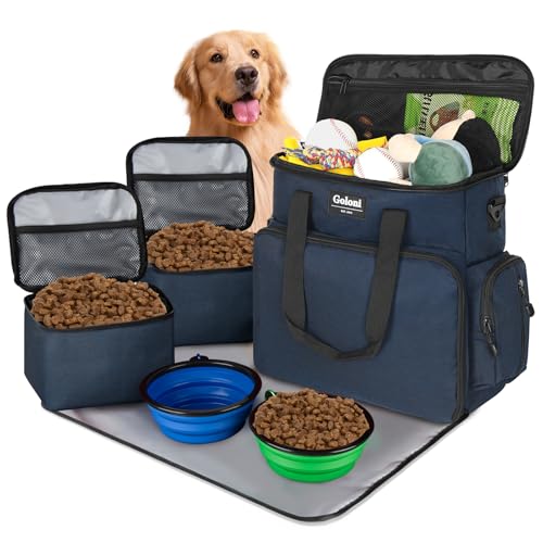 Goloni Hundetasche, Wochenende Hundetasche Reise-Set für Hund und Katze, Hunde-Reisezubehör mit Multifunktionstaschen, 2 Lebensmittelaufbewahrungsbehälter, 2 faltbare Näpfe, 1 Futtermatte, Blau von Goloni