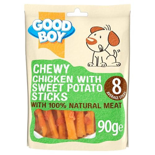 Good Boy - Kauhuhn mit Süßkartoffel-Sticks – Hundeleckerlis – Hergestellt aus 100% natürlichem Hühnerbrustfleisch – 90 g – Rohleder-freie Hundeleckerli – 10 Stück von Good Boy