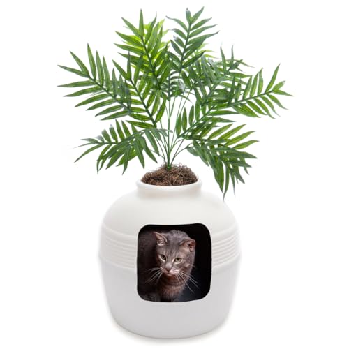 Good Pet Stuff Original versteckte Katzentoilette mit künstlicher Pflanze und geschlossenem Katzenklo, belüftet und mit Geruchsfilter, leicht zu reinigen, Birke-Weiß von Good Pet Stuff