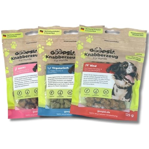 GOOPSI Hundeleckerli Knabberzeug Probierpaket 125g - 3er Pack, 1x Rind 1x Vegetarisch 1x Insekt Leckerli, Hundesnack getreidefrei & zuckerfrei, 100% Natur Leckerli, aus Deutschland von Goopsi