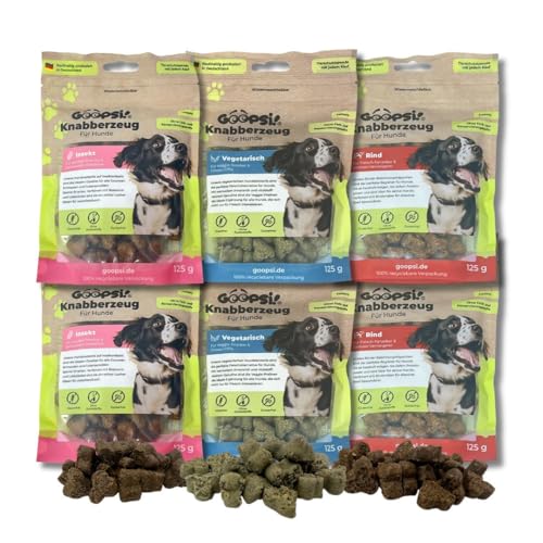 GOOPSI Hundeleckerli 6er Pack Probierpaket (Rind, Vegetarisch, Insekt) 125g - Hundeleckerli getreidefrei & ohne Zucker, Hundefutter leckerlis Hund, Hundtraining Snack aus Deutschland von Goopsi