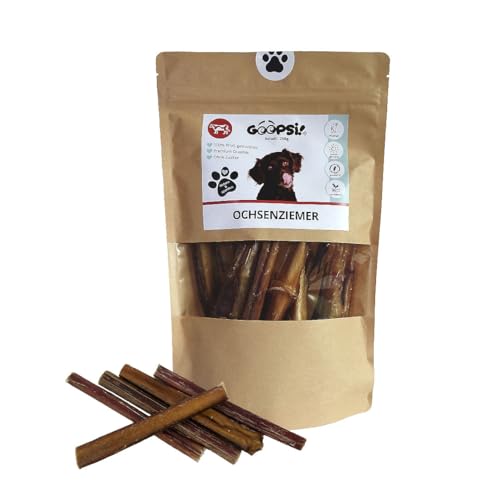 GOOPSI Ochsenziemer für Hunde, getrocknet, 250g, ca. 9-11 Ziemer, 15 cm lang - Hunde Kauartikel für Zahnpflege und Beschäftigung - Premiumqualität mit Tierschutzspende von Goopsi