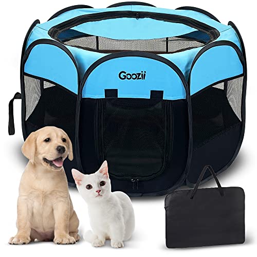 Goozii Haustier Hund Laufstall für Kleine Hunde Indoor, Tragbarer Faltbarer Hundelaufstall für Mittlere Hunde Welpen, Katzenzelt Laufstall für Kätzchen Katzen Outdoor Camping mit Mesh Tür Top Abdeckung (Blau) von Goozii