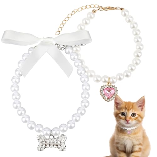 2st Perlenhalsband für Katzen und Hunde, Kätzchen Welpen Perlenkette Hochzeitshalsband Süß Herz Strass Knochen Anhänger Schmuck für Mädchen Katzen Hunde Party Accessoires von Gosknor