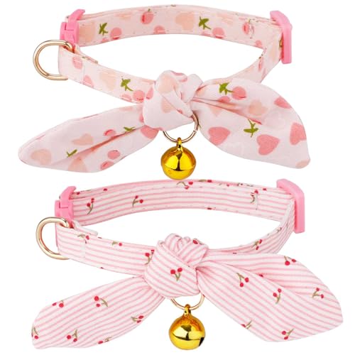 2stk Katzenhalsband aus Baumwolle mit Fliege und Glöckchen, Katzenhalsbänder mit Abnehmbarer Fliege Verstellbares Katzenhalsband mit Kirsch- und Rosa Herzmotiv für Weibliche Katzen von Gosknor