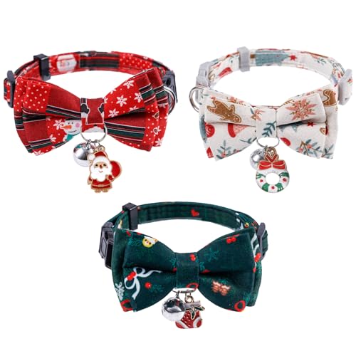 3stk Teiliges Weihnachts-Katzenhalsband mit Glöckchen, Süßes Verstellbares Katzenhalsband mit Sollbruchstelle Weihnachtsstrumpfkranz Weihnachts-Katzenhalsband mit Fliege für Haustierbedarf von Gosknor