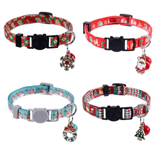 4stk Teiliges Katzenhalsband mit Glöckchen, Verstellbares Katzenhalsband Weihnachtsmann Schneeflocke Weihnachtsbaumkranz Katzenhalsband mit Abreißverschluss Weihnachtszubehör für Katzen von Gosknor