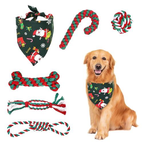 GothicBride 6 Stück Hundespielzeug Weihnachten, Geschenk Weihnachten Enthält 5 Hundespielzeuge Seil Naturbaumwolle & 1 Grüner Hunde Halstücher, Kauspielzeug Weihnachten Hundespielzeug Zuckerstange von GothicBride