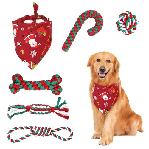 GothicBride 6 Stück Hundespielzeug Weihnachten, Geschenk Weihnachten Enthält 5 Hundespielzeuge Seil Naturbaumwolle & 1 Rot Hunde Halstücher, Hunde Kauspielzeug Weihnachten Hundespielzeug Zuckerstange von GothicBride