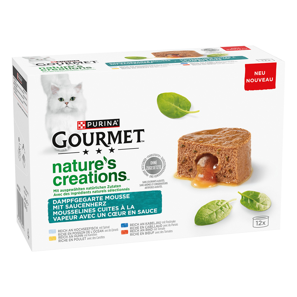 10 + 2 gratis! 12 x 85 g Gourmet Nature's Creations - Hochseefisch, Huhn, Kabeljau und Rind von Gourmet