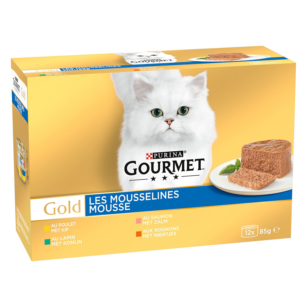 36 + 12 gratis! 48 x 85 g Gourmet Gold - Feine Pastete - Mix Fleisch & Fisch (Kaninchen, Huhn, Lachs, Nieren) von Gourmet