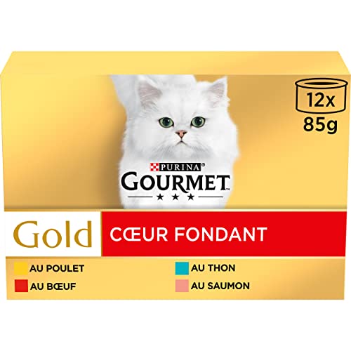 GOURMET Gold | Erwachsene Katze | Fondant Herz | Thunfisch, Lachs, Rind, Huhn | 12 x 85 g | Dose von Gourmet