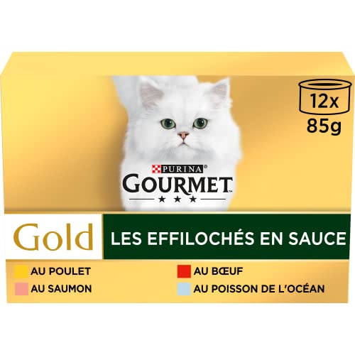 GOURMET Gold | Les Effilochés in Sauce Rind, Ozeanfisch, Huhn, Lachs | ausgewachsene Katze | 12 x 85 g | Box von Gourmet