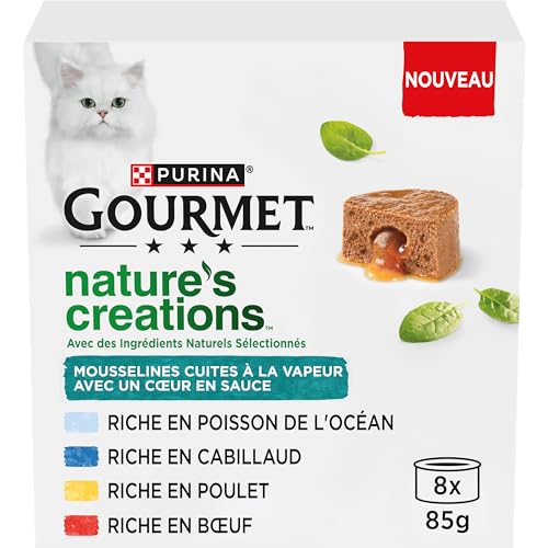 GOURMET Nature's Creations, Katze, Musselin, Herz in Sauce, Huhn-Karotten, Rindfleisch, Tomaten, Ozeanfisch, Spinat, Panake-Dorsch, 8 x 85 g von Gourmet