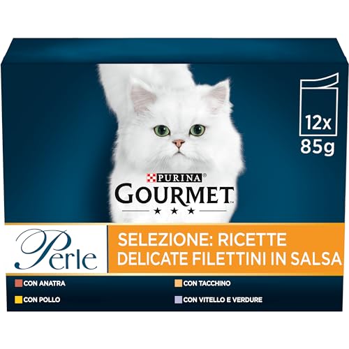 Gourmet Feuchte Perlen Katze Filets in Sauce mit Huhn, Ente, Truthahn, Kalbfleisch mit Gemüse - 72 Beutel à 85 g (6 Packungen à 12 x 85 g) von Gourmet