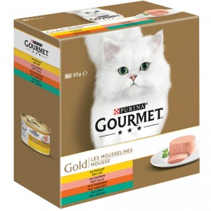 Gourmet Gold 8-Pack Mousse Huhn/Lachs/Nieren/Kaninchen Katzenfutter 48 x 85 g von Gourmet