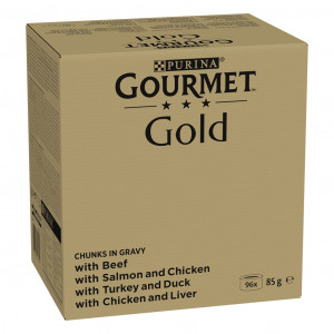 Gourmet Gold Feine Stücke in Sauce mit Rind, Huhn und Leber, Lachs und Huhn, Pute und Ente Nassfutter für Katzen (96x85 g) 2 x (96x 85 g) von Gourmet