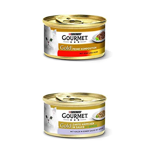 Gourmet Gold Katzenfutter 24er Mix-Pack (2 x 12 x 85g) Komposition Rind/Huhn und Häppchen Kalb von Gourmet