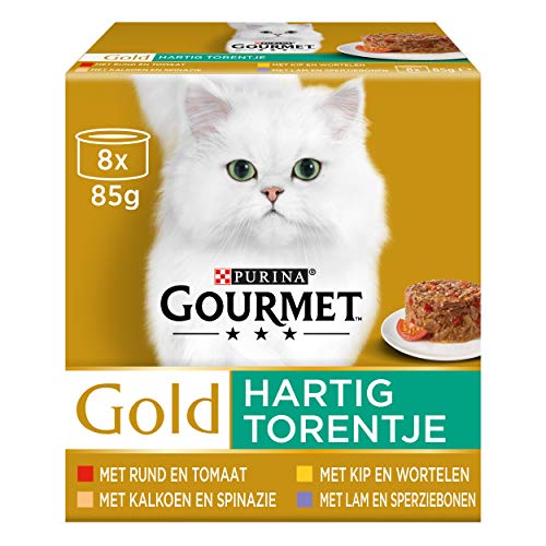 Gourmet Gold herzhafter Turm Katzenfutter, Nassfutter mit Rind und Tomate, Huhn und Karotten, Truthahn und Spinat, Truthahn und grüne Bohnen - 8x85g - 6er Karton (48 Dosen; 4,08kg) von Gourmet